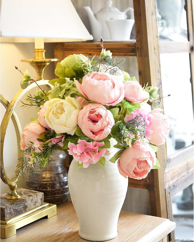 FiveSeasonStuff 2 Bundles Pink Beige Green (Spring Waltz) Peonies Artificial Flower Bouquet