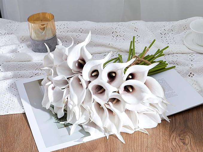 24 Pcs Artificial Calla Lily Flowers Fake Silk Flowers Real Touch for Wedding Bouquet Office Goth Home Kitchen Decor (White Black)