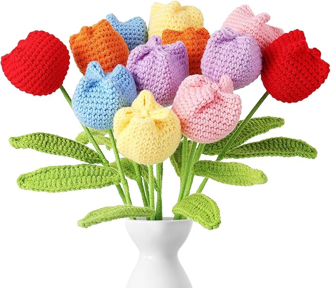 YoungJoy Crochet Rose 12 Pcs Handmade Knitted Flowers Tulip Sunflower Daisy Heart Artificial Knitted Floral Mother Day Graduation Home Decor(Cute Tulip B)