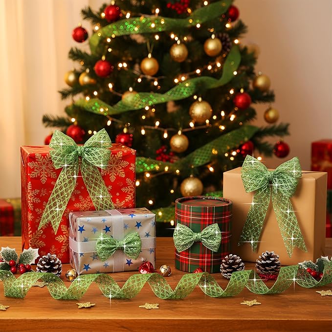 Geosar 20 Yards Green Glitter Mesh Wired Ribbon for Christmas Tree Decorations, Gift Wrapping, DIY Craft, Xmas Wreaths, Cabinet Decor (2.5 Inch)