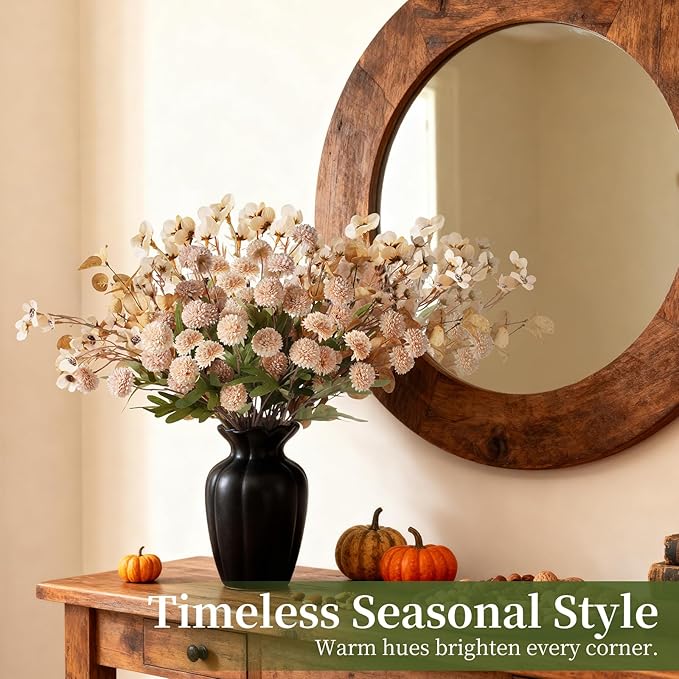 Real-Touch Beige Faux Mums Bouquet, 20 Fake Kiku Stems with Eucalyptus & Wildflowers, Full and Lifelike Artificial Flower Arrangement for Vases, Weddings, Centerpieces & Home Décor (No Vase)
