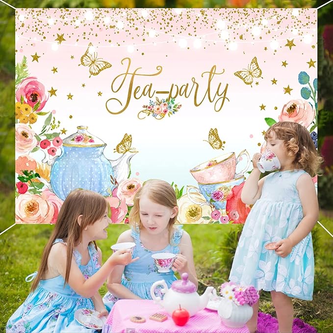 Pink Floral Tea Party Backdrop Glitter Gold Dots Butterfly Lets Partea Photography Background for Women Birthday Bridal Baby Shower Decorations Girls Wonderland Party Banner Photo Booth Supplies 7x5ft