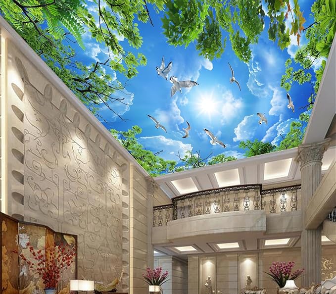 Eierme-Illustration of a Clear Blue Sky Image with Clouds and Flying Birds seen Through The Canopy of a Tree