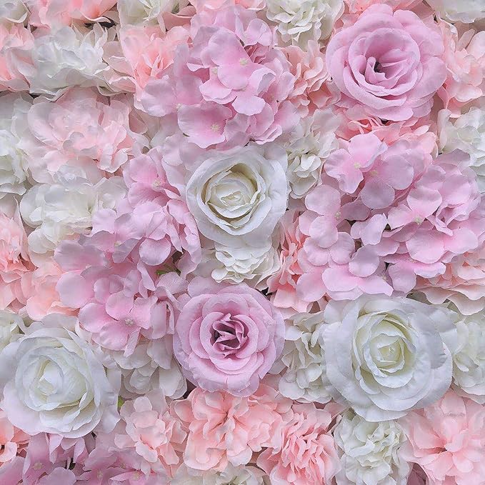 16"x 24" Artificial Flower Wall Panels,Flower Wall Mat Silk Flower Panels for Outdoor Garden Backyard Fence Fence Privacy Screen and Indoor Wall Decor (12Pcs Light Pink+White)