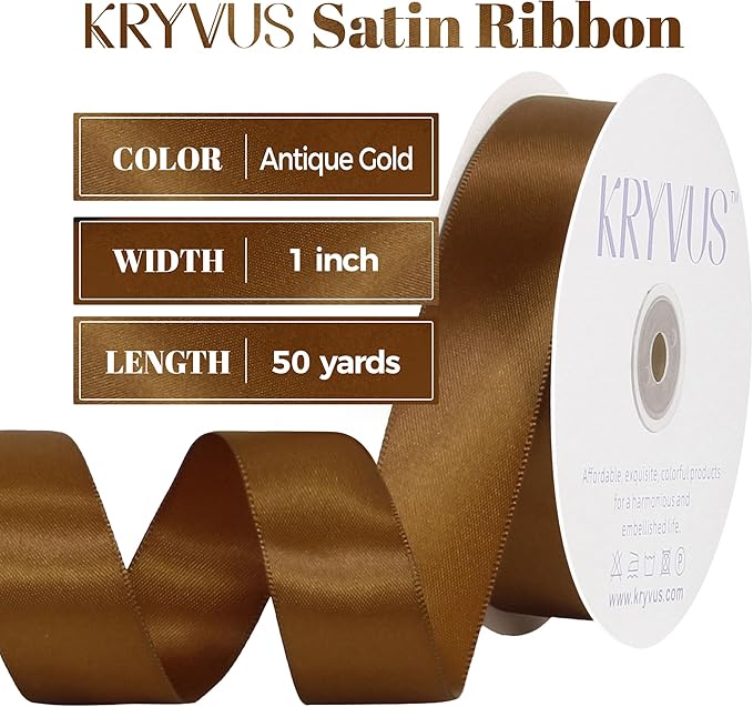 Antique Gold Satin Ribbon, Double Faced 1 Inch X 50 Yards Antique Gold Ribbon, Premium Satin Ribbon for Gift Wrapping, Crafts, Hair Bow Making, Sewing, Flower Bouquet, Wedding Party Decor