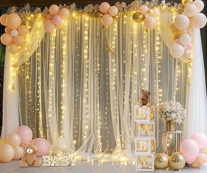 Champagne Tulle Photo Backdrop Curtain with Lights String for Parties Wedding Bridal Shower Sheer Champagne Curtain Backdrop for Birthday Baby Shower Photo Booth Photography 20ft x 8ft