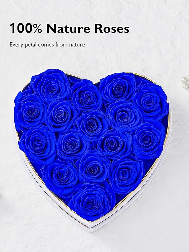 Eterfield 16 Forever Flowers in Heart Shape Box, Preserved Roses That Last a Year Preserved Flowers Birthday Gifts for Her Mom Women Wife Anniversary Valentines Day Mothers Day Christmas, Royal Blue