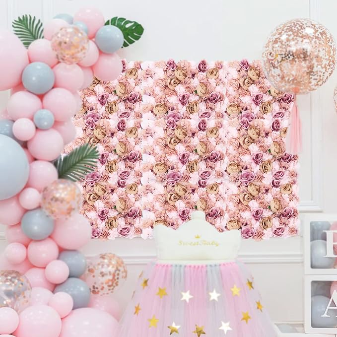 Artificial Flower Wall Panels, Silk Wedding Flower Wall Backdrop Panel, 3D Floral Panel Artificial Floral Wall Mat Flower Screen for Photo Party Wedding Wall Background Decor (6PCS Autumn Pink)