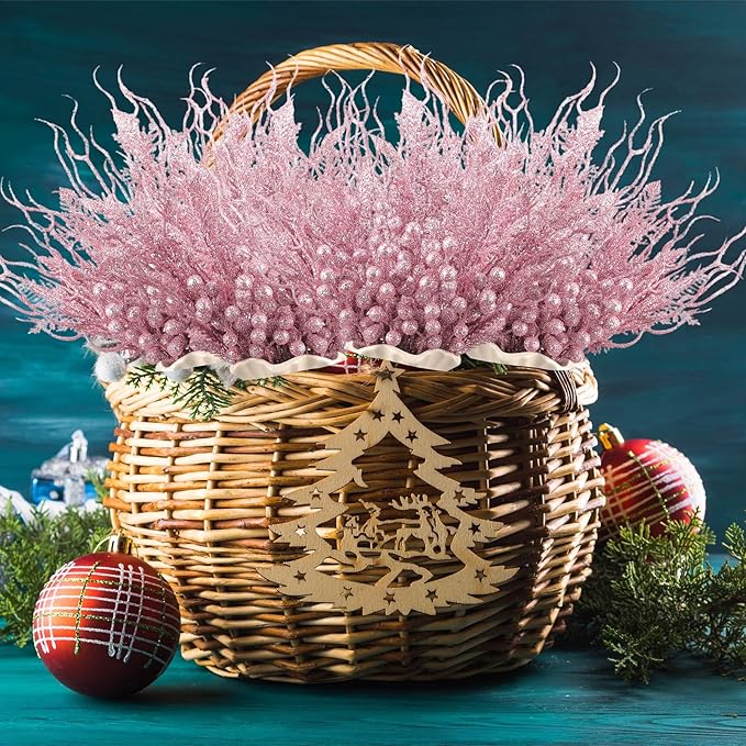 75 Pcs Christmas Glitter Branches 3 Styles Artificial Christmas Picks Berries Stems Pine Needles Floral Twig Spray for Xmas Tree Ornaments DIY Wreath Garland(Pink)