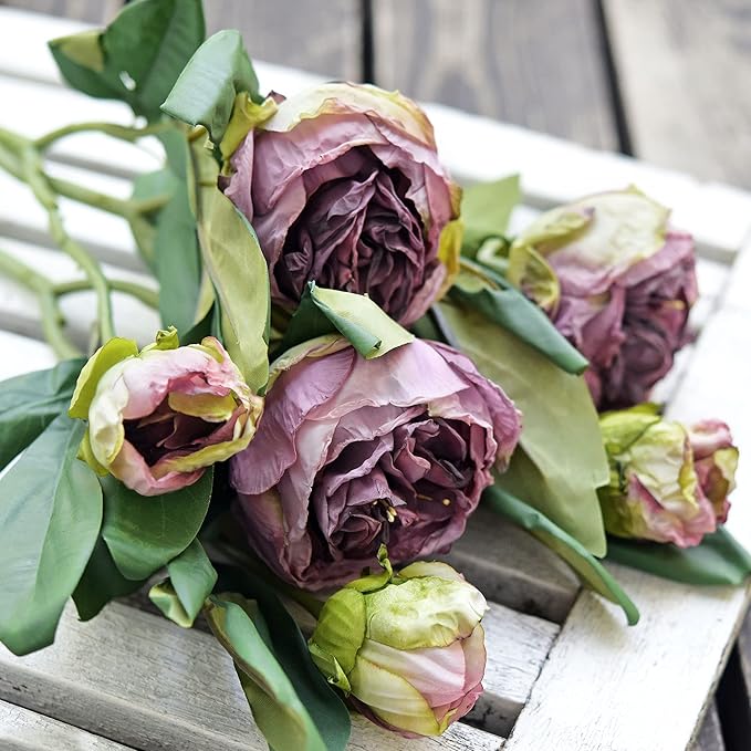 FiveSeasonStuff Vintage Purple Peonies – Realistic Artificial Silk Flowers with Dry-Look Petals, 6 Stems for Rustic Home & Wedding Floral Arrangements