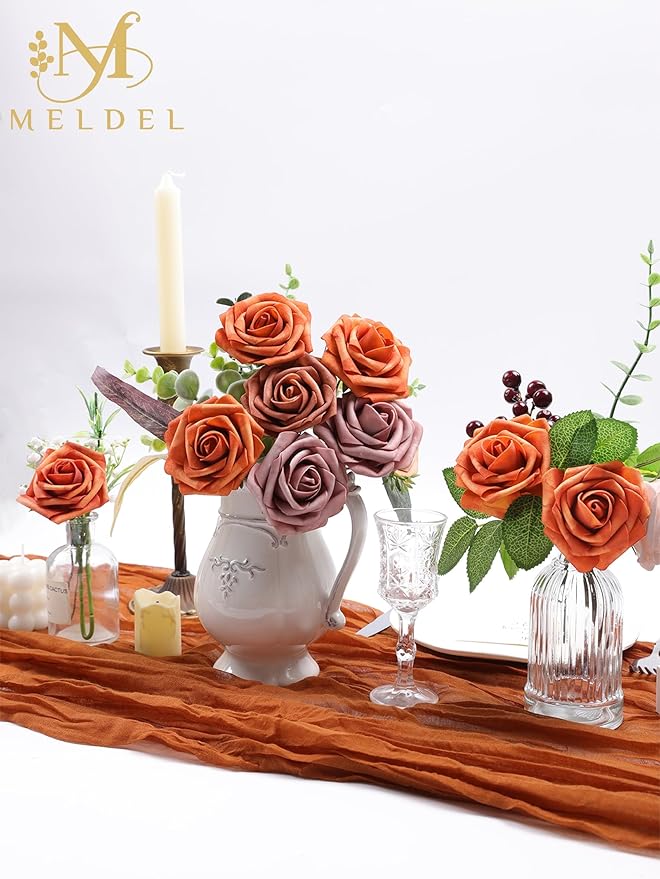 Meldel Artificial Flowers 50pcs Real Looking Burnt Orange Foam Fake Roses with Stems for DIY Wedding Bouquets Bridal Shower Centerpieces Floral Arrangements Home Decorations Crafts