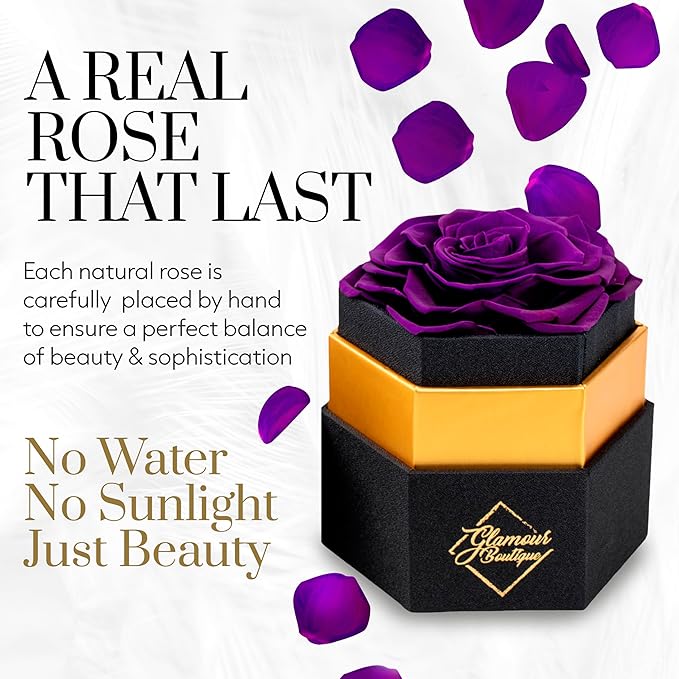 GLAMOUR BOUTIQUE Eternal Preserved Roses in a Box - Flowers Forever, Rose Forever in a Box for Wife, Birthday Gifts for Her, Single Rose, Purple