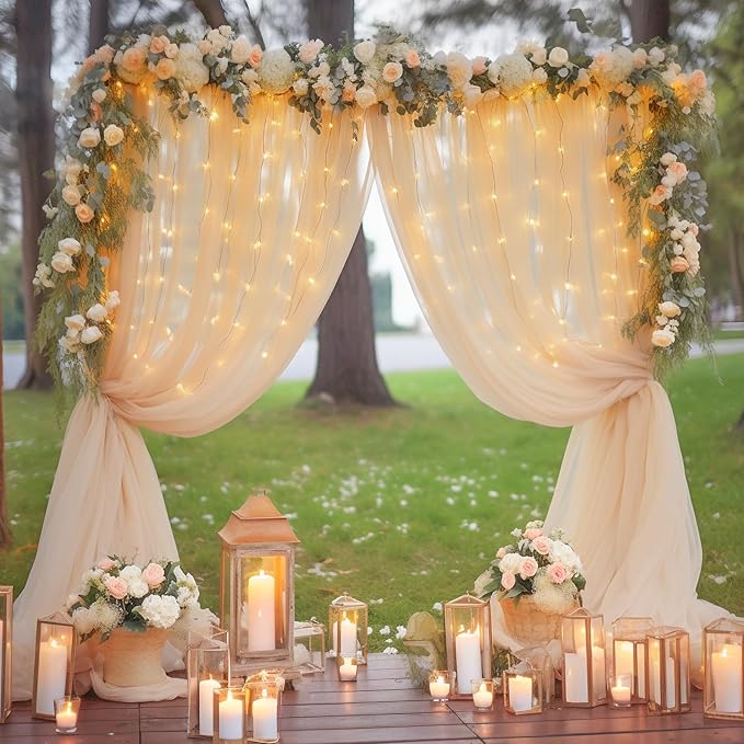 20x10ft Champagne Tulle Backdrop Curtain with Lights String for Parites, Sheer Backdrop Curtains for Wedding Baby Shower Birthday Party Photo Shoot Decorations