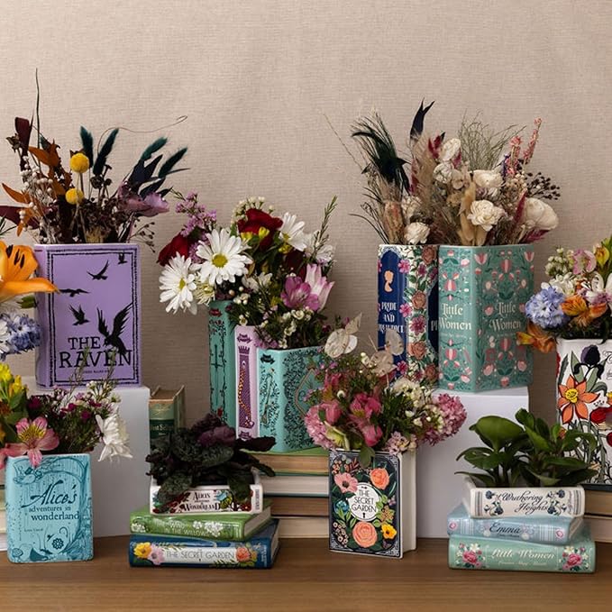 Steel Mill & Co Original Triple Book-Shaped Decorative Vase, Tiered Ceramic Bookshelf Decor, Unique Flower Holder for Book Lovers, Grimm's Fairy Tales