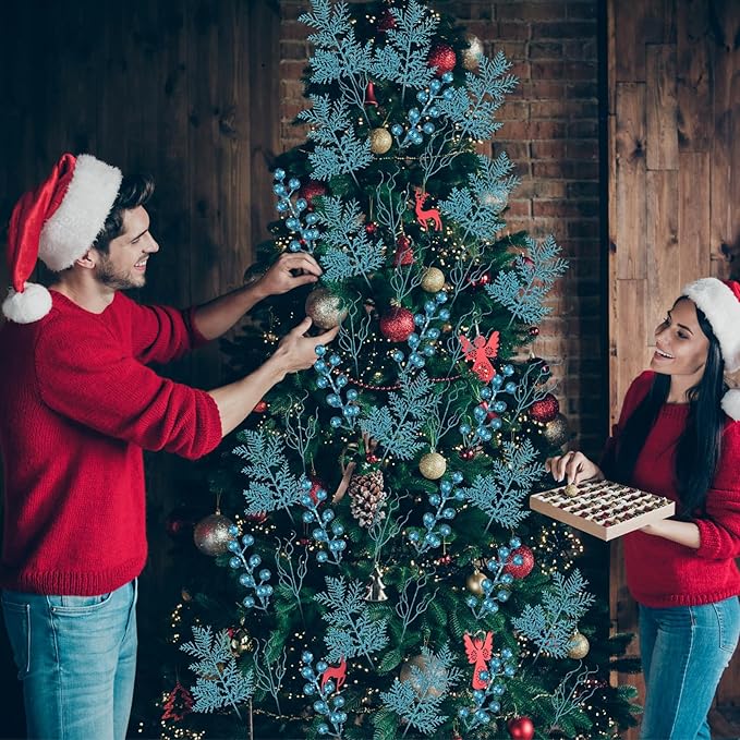 75 Pcs Christmas Glitter Branches 3 Styles Artificial Christmas Picks Berries Stems Pine Needles Floral Twig Spray for Xmas Tree Ornaments DIY Wreath Garland(Light Blue)