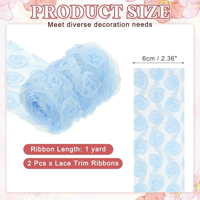 uxcell 2PCS Lace Trim Ribbon, 2.36 inch - 1 Yard 3D Rose Floral Embroidery Ribbons Edge Trimming for Sewing, Wedding Dress, DIY Crafts, Decoration Accessories, Light Blue
