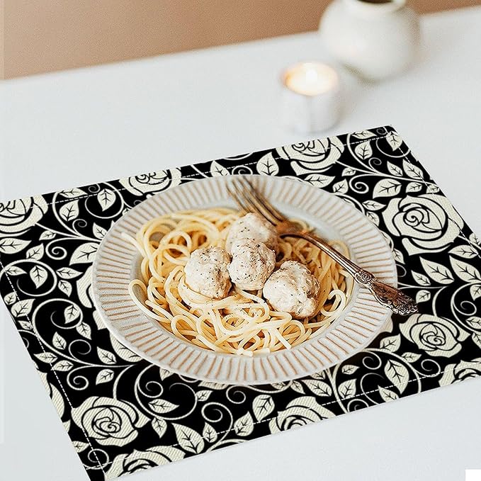 Retro Flowers Placemats Set of 4, 17x12 Inch Modern Aesthetic Black White Florals Leaves Art Print Table Mats for Home Party Kitchen Dining Decor
