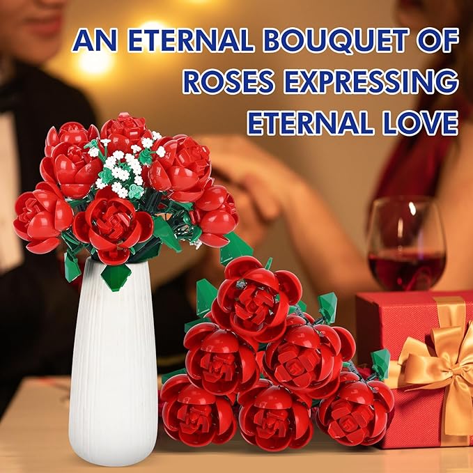 780 PCS Red Rose Building Flower Bouquet Kit for Adults & Kids, DIY Artificial Flowers Set for Home Decor, Desk Display, Gifts for Women, Girls (Red Rose)