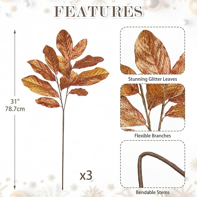 3PCS Bronze Glittered Artificial Leaf Spray Picks 31 inch Tall for Christmas Winter Autumn Wreath Tree Swag Floral Arrangment Vase Holiday Wedding, Bronze