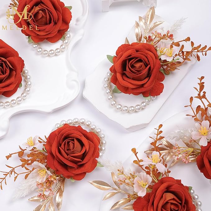 Meldel Orange Velvet Rose Wrist Corsage, Set of 6, Wedding Bridal Flower Corsage Hand Decor for Prom Party Homecoming, Wristband Flowers Bride, Bridesmaid, Girl