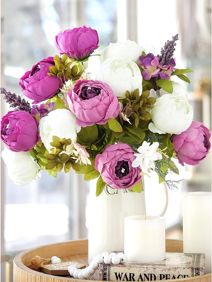 FiveSeasonStuff Vintage Artificial Peonies Silk Peony Flowers and Hydrangeas for Wedding Bridal Home Décor – Beautiful Floral Centerpiece Arrangement with 2 Bouquets (Bloom Purple and White Mix)
