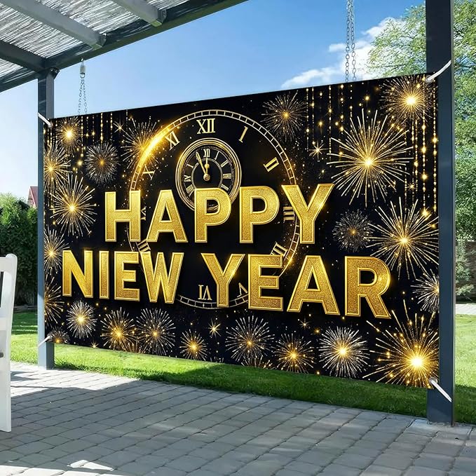 Happy New Year 2026 Banner 71x43 Inch Gold Clock Fireworks Party Backdrop Countdown Celebration Wall Decoration Holiday Photo Background for Indoor New Year Event Display