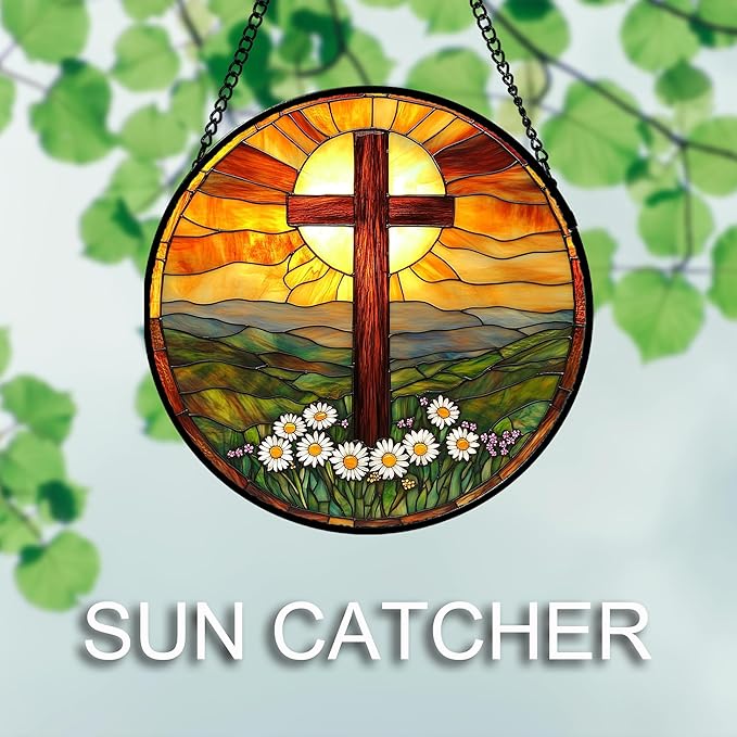 Christian Gifts for Women - Cross Stained Glass Window Hanging Easter Daisy Natural Landscape Sun Catcher Garden Religion Decor Mother's Day Catholic Gift for Men Grandma Mom Her Nana 9.8"