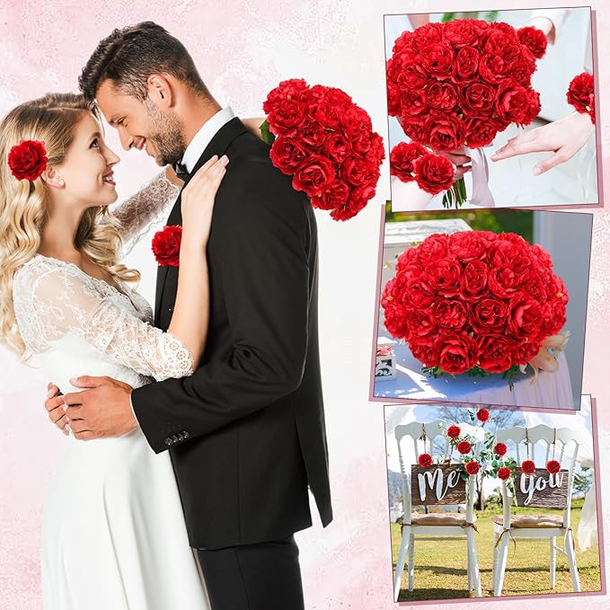 200 Pcs Flowers Long Stem Artificial Rose Bulk, 3.2 Inches Silk Rose Head Flowers Faux for Wedding Bridal Bouquet Independence Day Home Floral DIY Centerpieces Party Decoration(Red)