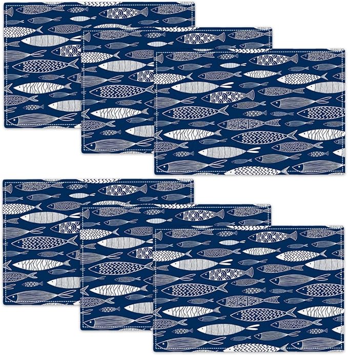 Japanese Fish Placemats Set of 6, Blue Fishing Country Double-Sided Table Mats for Kitchen Dining Room Home Party Indoor Decor 6 PCS 12x18 Inch
