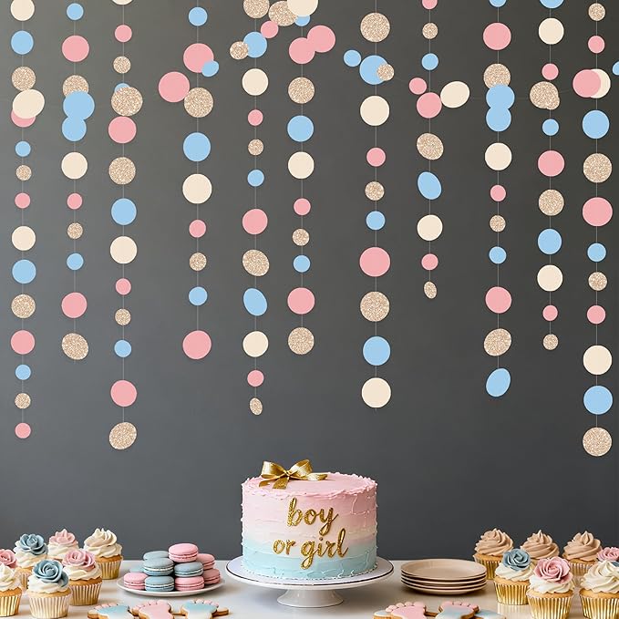 Champagne Gold Dusty Pink Blue Cream Beige Circle Dot Hanging Streamer Polka Dot Garland Banner for Baby Shower Birthday Wedding Bridal Shower Engagement Boho Gender Reveal Party Decorations Supplies