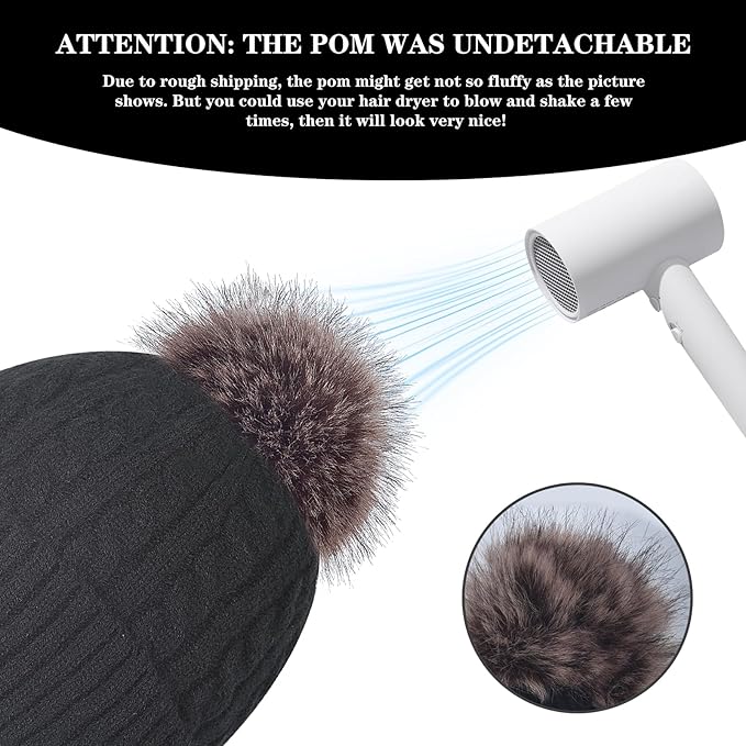 FENELY Women's Knitted Warm Beanie Winter Hat, Warm Chunky Snow Hat with Pompom