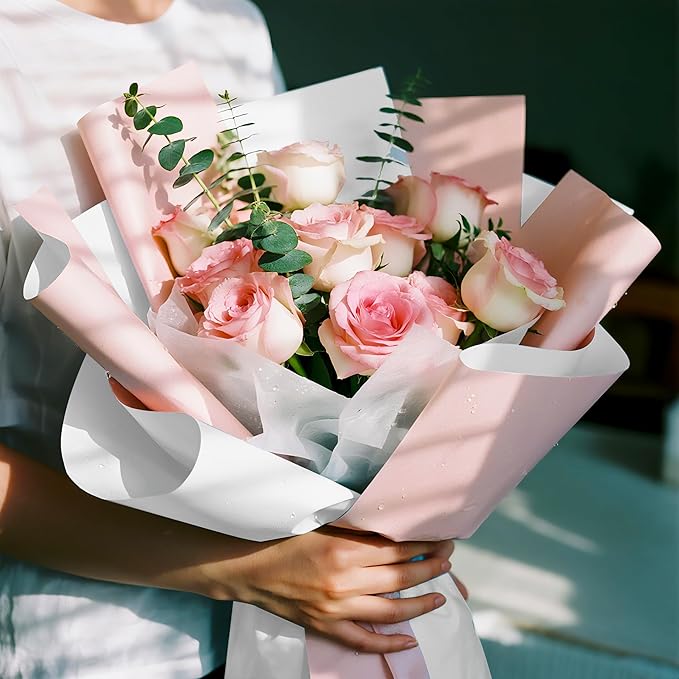 WRAPAHOLIC 20 Sheets Flower Wrapping Paper - 22.4 x 22.4 inch Pink White Color Water-Resistant Floral Bouquet Wrapping Paper, Florist Supplies Packaging for Wedding Birthday Gift DIY