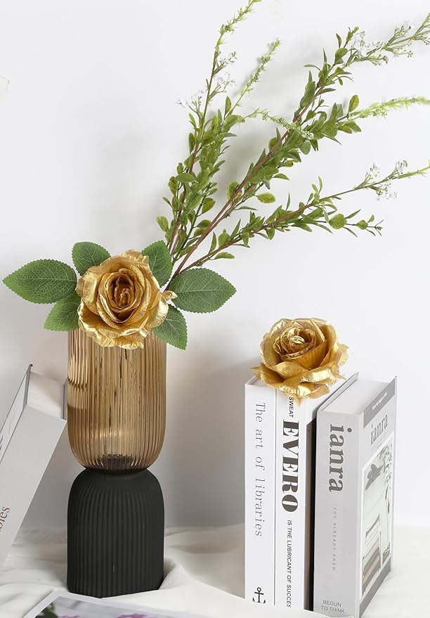 20pcs Gold Roses Artificial Flowers Fake Roses Real Looking Silk Flowers Bulk Big Faux Flowers with Stems for Wedding Centerpieces Table Home Party Decoration Bridal Floral Arrangement (Gold)