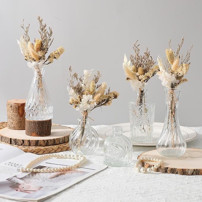 Yerliker 24pcs Glass Bud Vase Set with 24pcs Dried Flower Bouquet, Small Glass Vase Clear Bud Vases in Bulk and Boho Dried Flower Bouquet for Centerpieces Rustic Wedding Decor Home DIY Craft