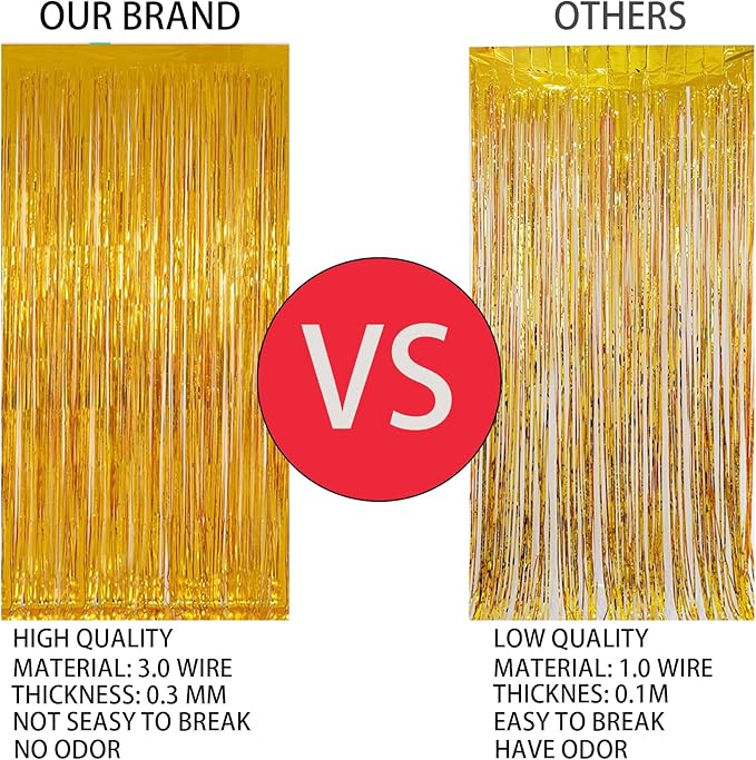 Keyali 2 Pack 3.3 * 8.3 ft Foil Curtain Metallic Tinsel Fringe Curtains Photo Booth Props Backdrop for Birthday Wedding Engagement Baby Shower Christmas Holiday Celebration Partyl,Gold