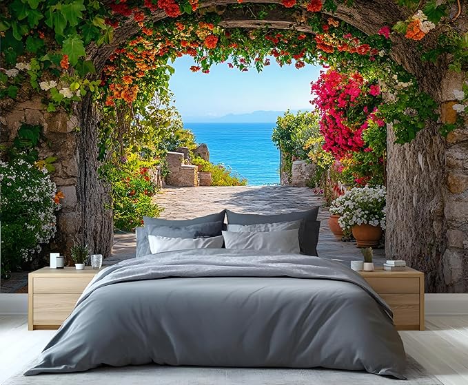Mediterranean Arch Seaside Wall Mural, Flower Tunnel Ocean View 3D Wall Murals, Greek Island Style Wallpaper Mural, for Living Room Bedroom Large Wallpaper Indoor Decor 197" W x124.8 H