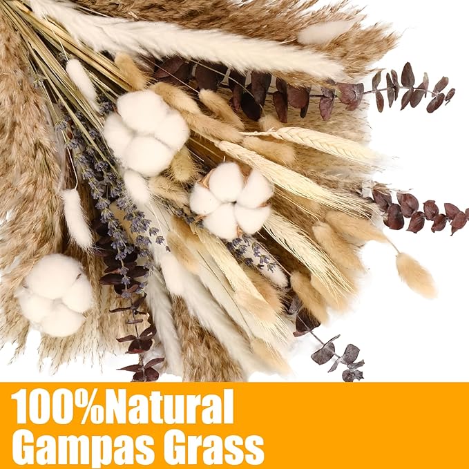 120Pcs Natural Dried Cotton Flower Bouquet - 17'' Boho Pampas Grass, Lavender, Cotton Stems, Bunny Tails, Eucalyptus & Wheat - Rustic Boho Farmhouse Decor for Vase, Wedding, DIY Crafts