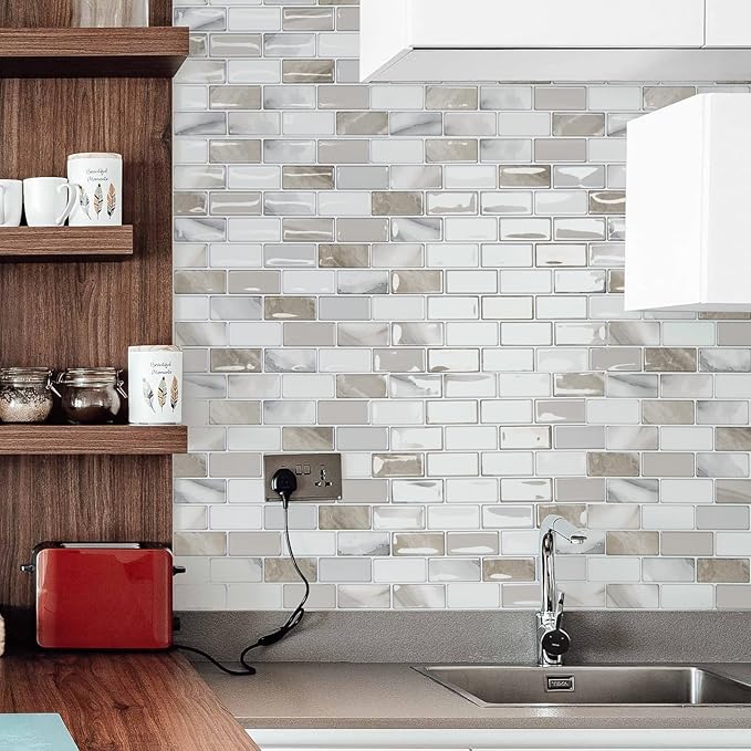 Art3d 10-Sheet Peel and Stick Backsplash Tile for Kitchen - 12”×12” Stick on Wall Tile for Kitchen Bathroom Countertop Living Room, Beige & White