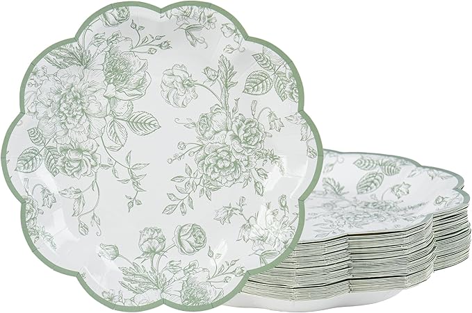 48 Pcs Sage Green Floral Party Plates Vintage Floral Leaf Disposable Paper Plates Wildflower Green Toile 7" Scalloped Rim Dessert Plates for Christmas Birthday Bridal Tea Party Supplies