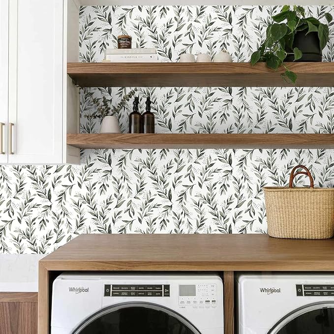 Erfoni Leaf Peel and Stick Wallpaper Dark Green Contact Paper 17.7inch x 236.2inch Greenery Eucalyptus Wallpaper Peel and Stick Leaves Plant Self Adhesive Wall Paper for Laundry Room Walls Decor