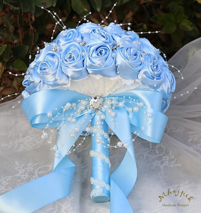 Bridal Wedding Bouquet Round Bling Brooch Bouquet Throw Toss Artificial Rose Flower Bunch for Bride Bridesmaid Wedding Quinceanera(Light Blue, 6.3")