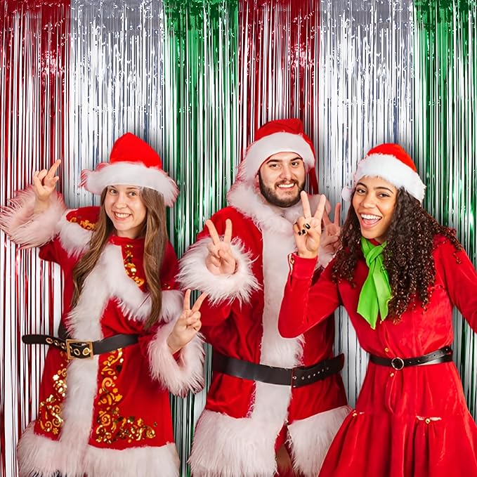 Red Green Silver Tinsel Curtain Backdrop - Christmas Party Decorations Foil Fringe Curtains for Photo Booth Props Xmas New Years Party Supplies - 2Pack 3.2×8.2ft
