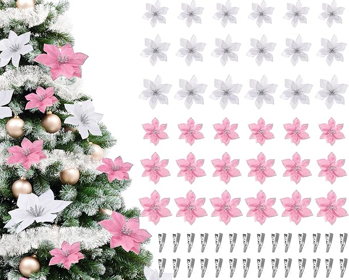 WILLBOND 24 Pcs 3 Size Poinsettia Flower Artificial Christmas Decor Glitter Poinsettia Christmas Ornaments Faux Flowers for Xmas Tree Outdoor(3.2/4/6 Inches,Pink and Silver)
