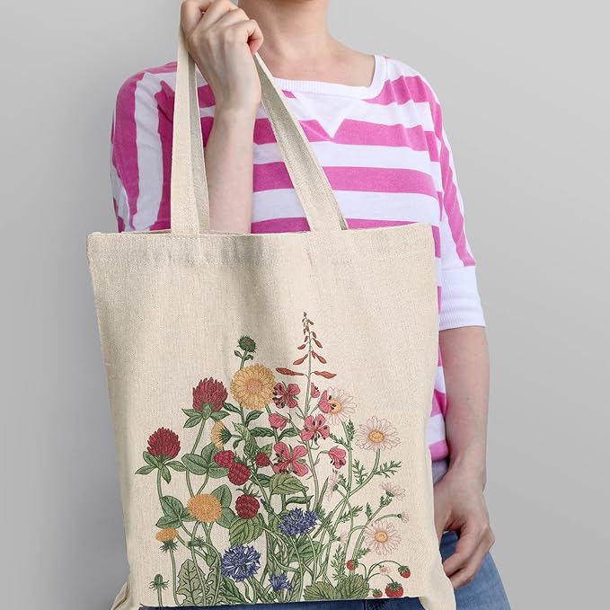 Saintrygo 4 Pieces Canvas Flowers Bible Tote Bag Gift Beautiful Floral Aesthetic Reusable Tote Bag Grocery School Book Lover Makeup Pocket for Girls Women Teacher(Flower)
