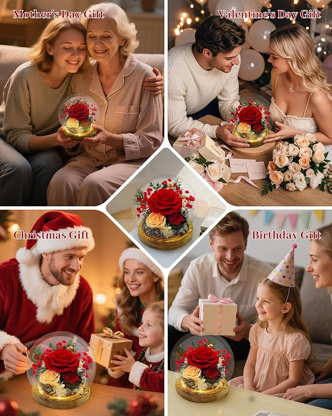 Preserved Flowers Birthday Gifts for Women Preserved Rose in Glass Dome Forever Fresh Flowers for Delivery Prime Red Eternal Rose Gifts for Her Valentines Day Anniversary for Wife Girlfriend