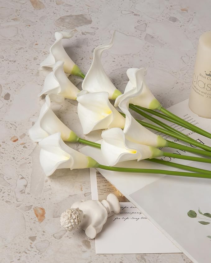 DuHouse 20Pcs Artificial Calla Lily Flower Real Touch Latex Flowers for DIY Wedding Bouquet Party Home Decor (White Yellow)