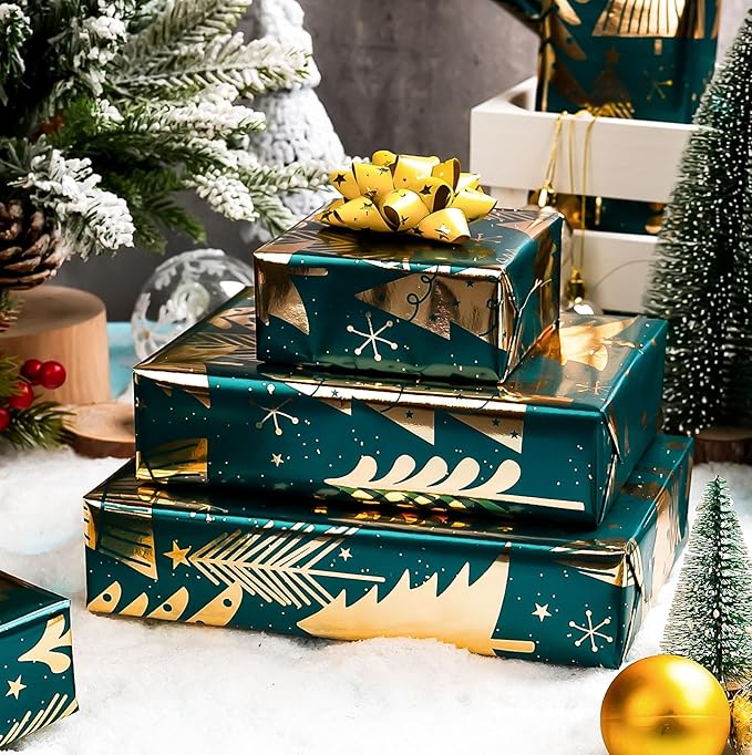 MAYPLUSS Wrap Paper Roll - 17 Inch X 33 Feet - Luxurious Metallic Foil Green Elegant Christmas Tree Winter Gift Wrapping Paper, Festive Decoration