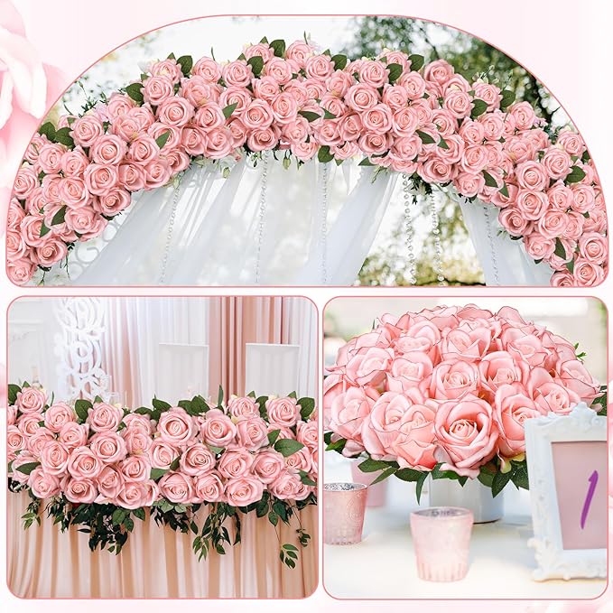 150 Pcs Roses Artificial Flowers, Silk Light Pink Artificial Flowers Petals Long Stem Roses for Wedding Bouquet Home Party Decor