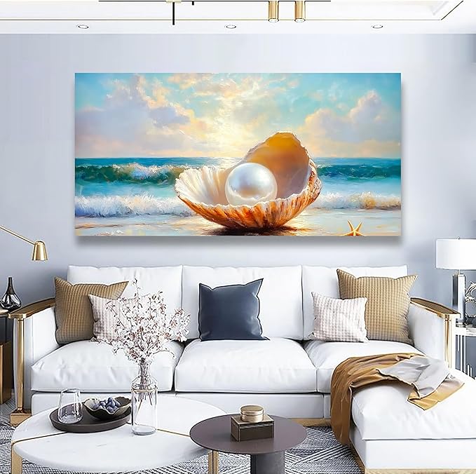 Seashells Pearls Pictures Canvas Wall Art Living Room Office Bedroom Wall Decor Sea Landscape Wall Art Prints Modern Blue and White Landscape Artwork Waterproof Ready to Hang - 20x40 inches