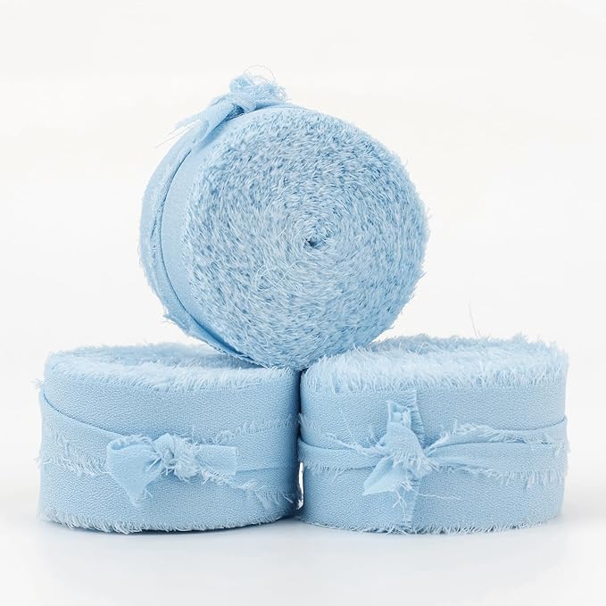 MEEDEE Light Blue Chiffon Ribbon 1 Inch Fringe Ribbons Baby Blue Chiffon Silk Frayed Edge Ribbon Thin Chiffon Ribbons for Crafts, Gift Wrapping, Wedding Invitation (3 Rolls 21 Yards)